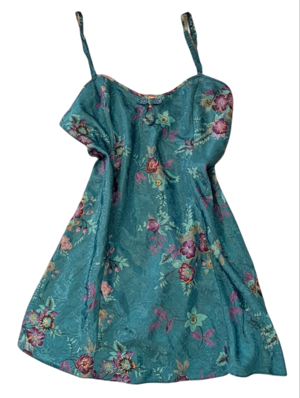 Vintage‎ Y2K Angelique Satin Teal Floral Chemise Women's Gown